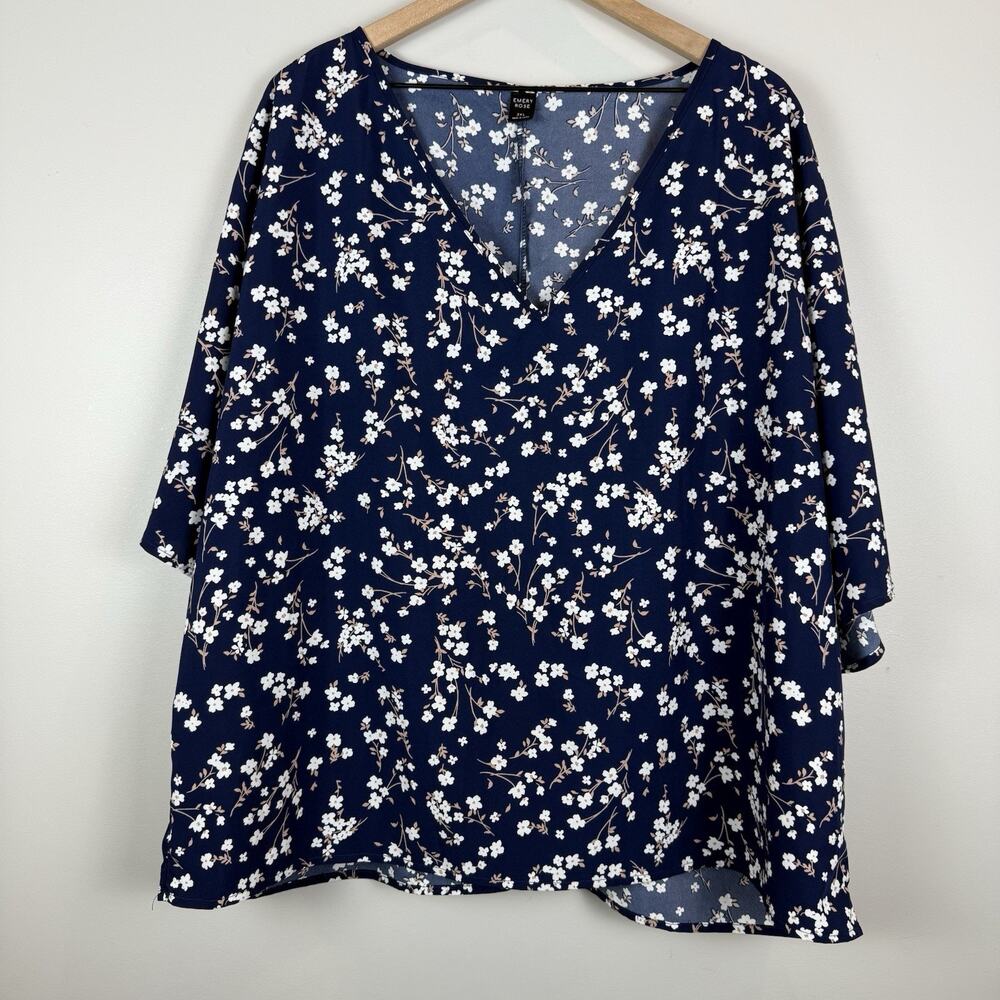 Emery Rose‎ Top Women 3x Blue Floral Ditsy V-Neck Short Sleeve Blouse Bloomcore